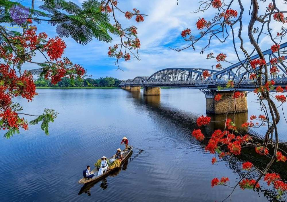 Perfume River flowing through Hue with traditional boats, Vietnam