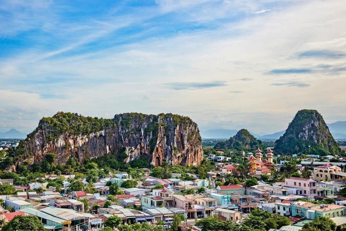 Marble Mountains with limestone cliffs and Buddhist pagodas near Da Nang, Vietnam