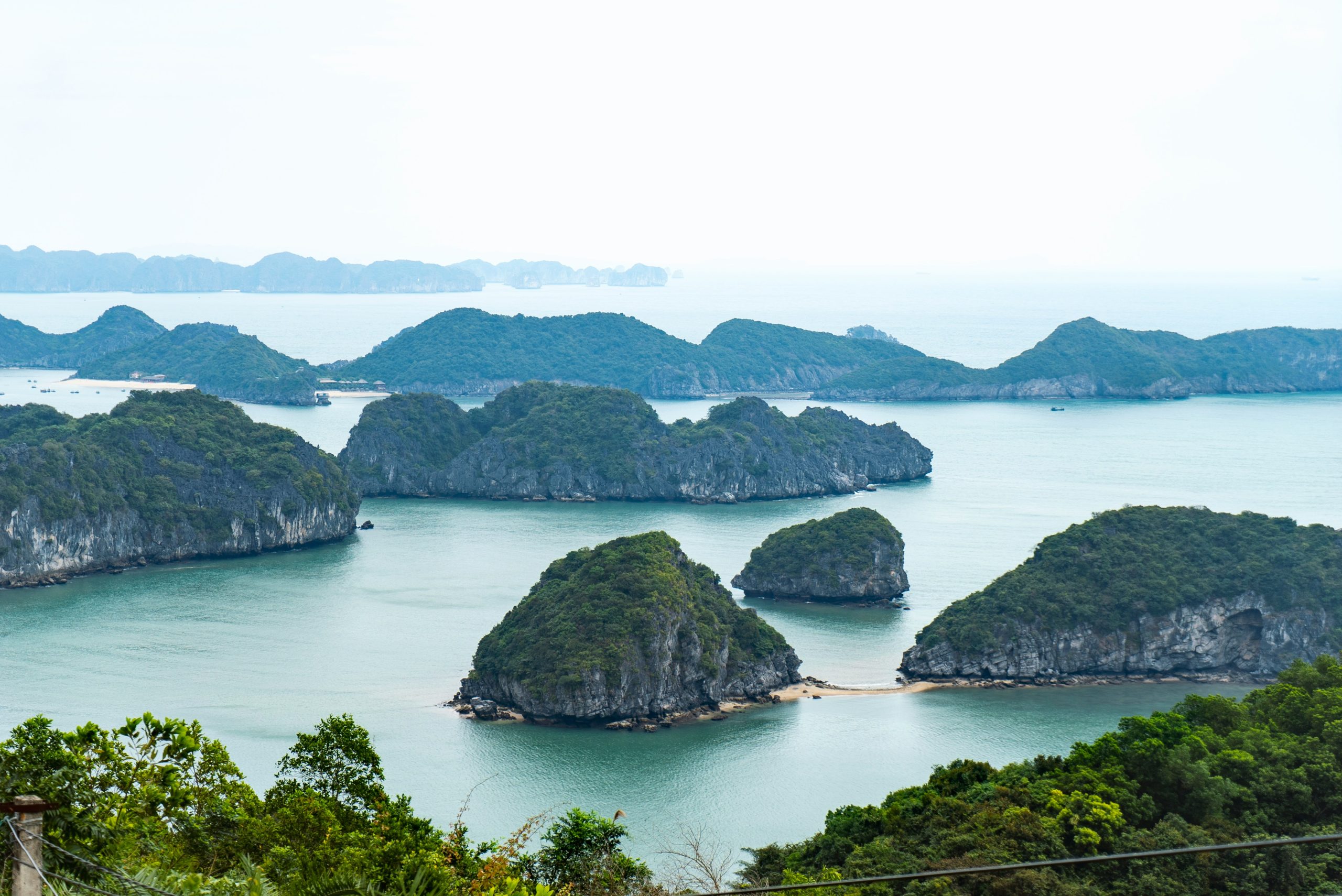 Limestone islands and calm waters around Cat Ba in northern Vietnam