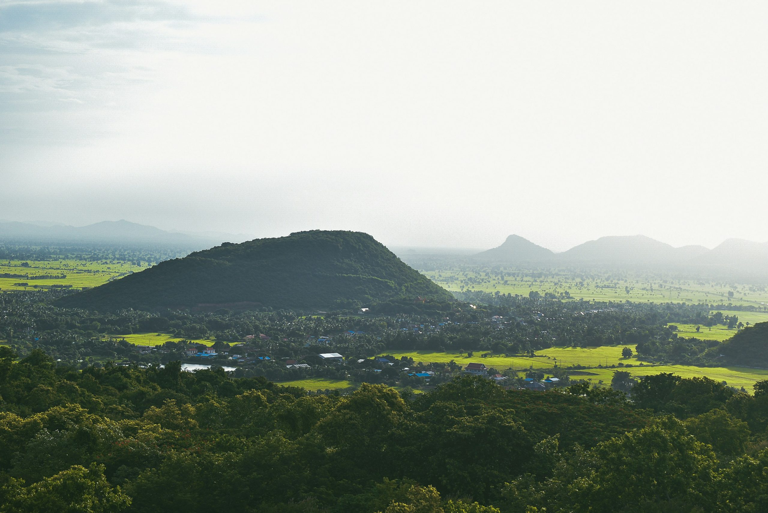 Scenic Cambodian landscape with mountain in the countryside and tropical vegetation