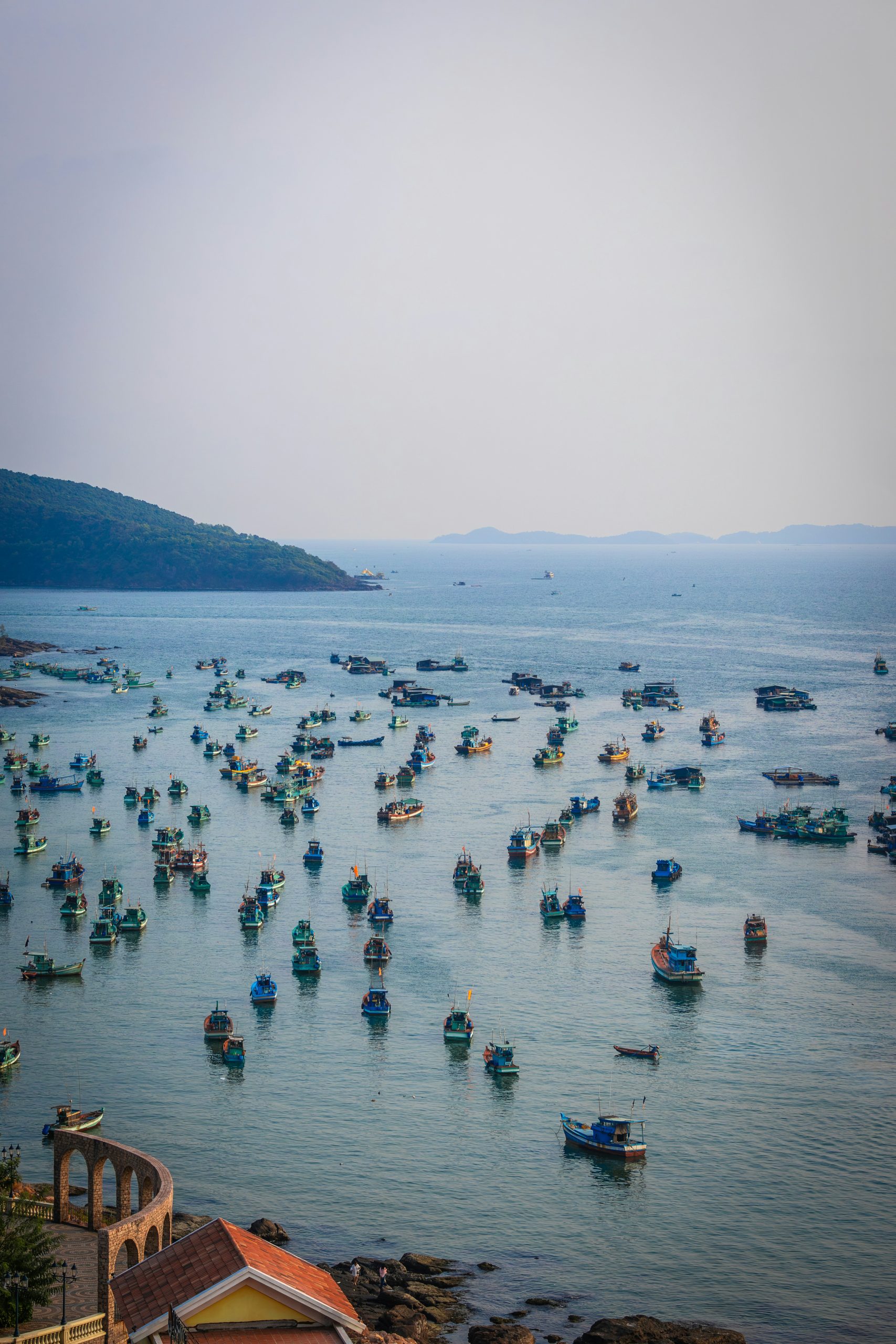 Fishing boats scattered across the sea off the coast of Vietnam