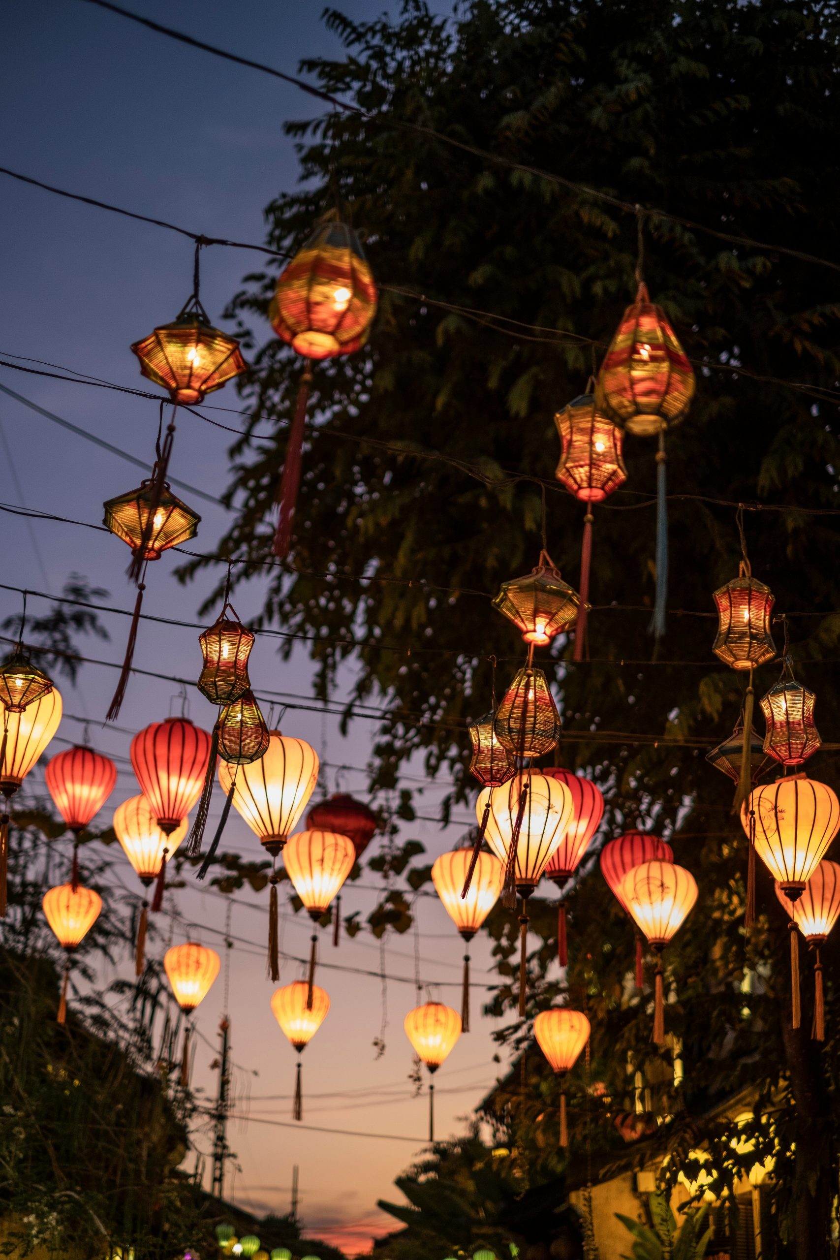 Colourful lanterns illuminating the streets of Hoi An at night, Vietnam