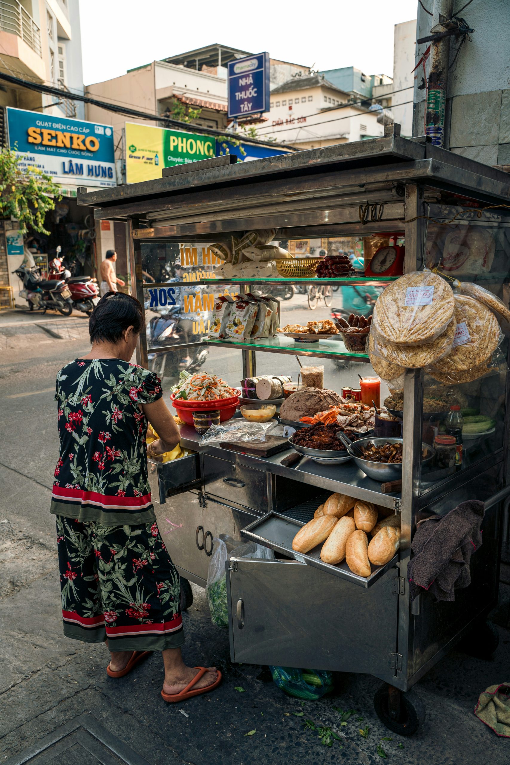 Local street food stall in Hanoi Old Quarter, Vietnam
