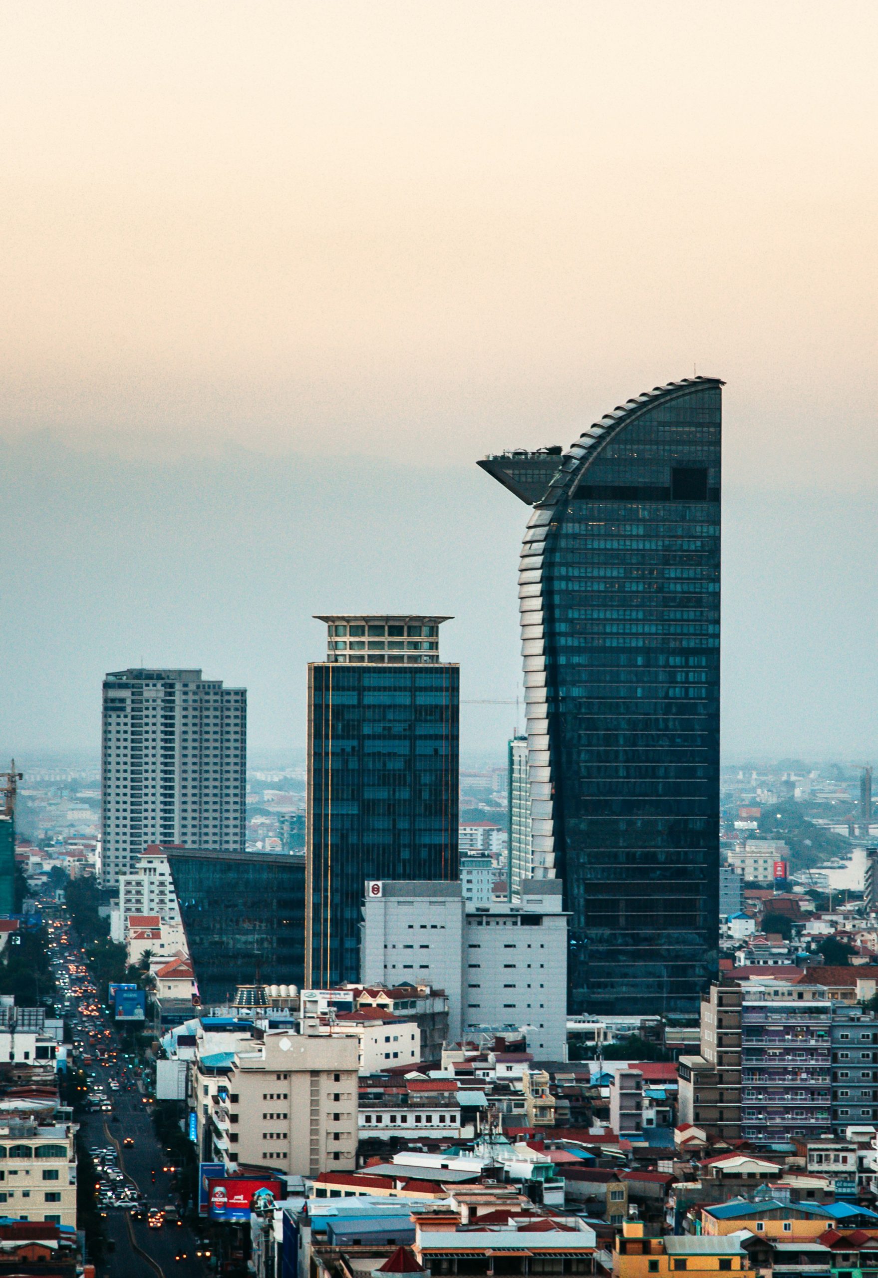 Modern Phnom Penh city skyline and urban landscape in Cambodia