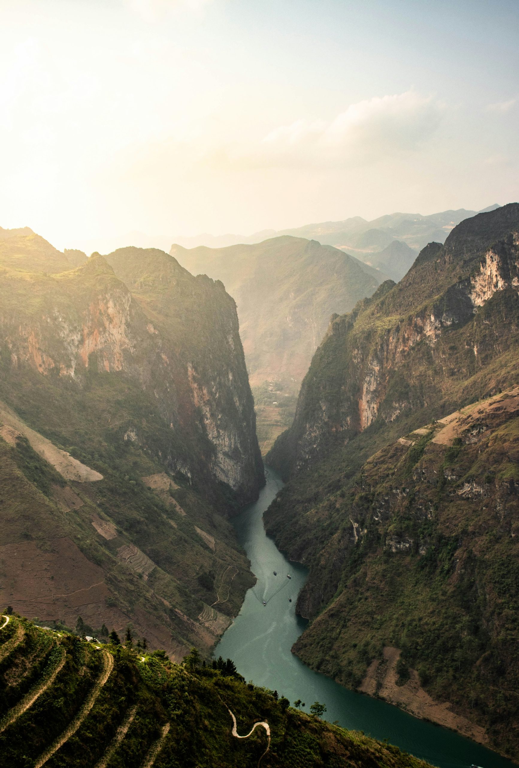 River flowing through a dramatic limestone gorge in Northern Vietnam