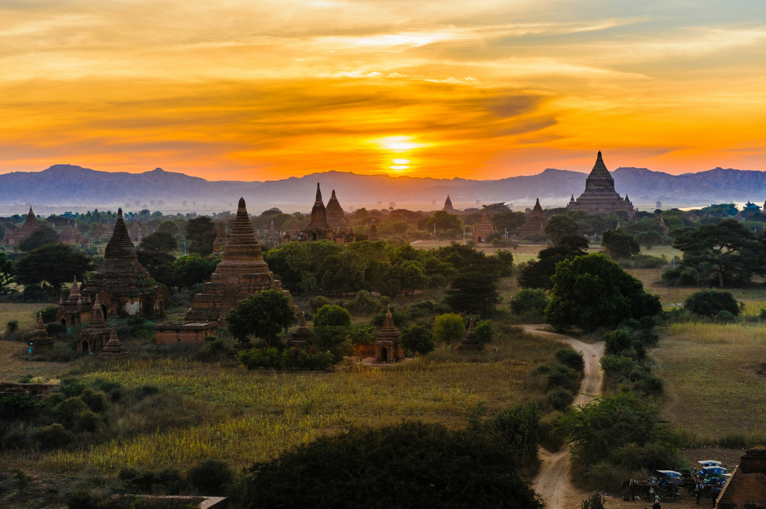 Sunset over the ancient temples of Bagan in Myanmar