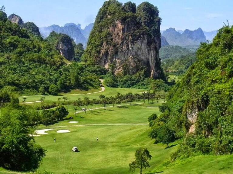 Phoenix Golf Resort surrounded by mountains and limestone landscapes near Hanoi, Vietnam