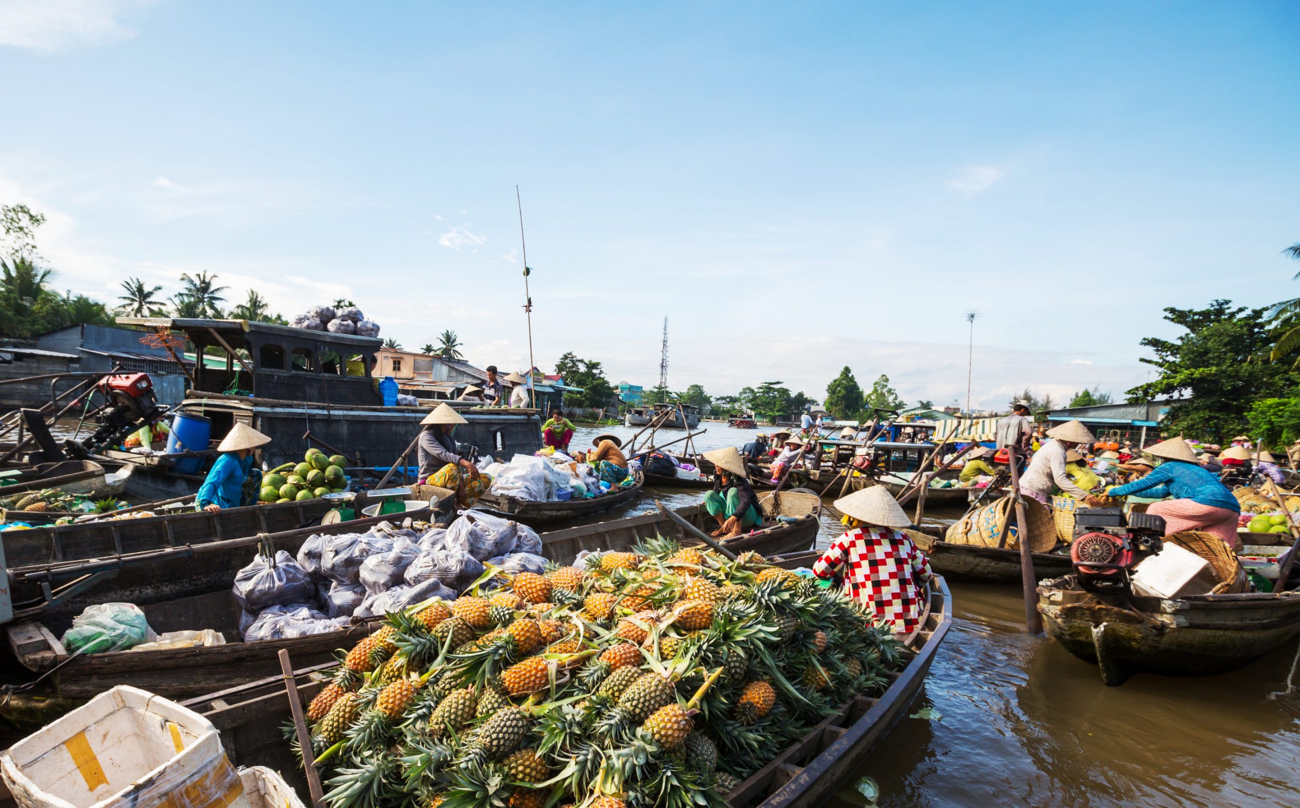 Floating market in the Mekong Delta with boats and local people
