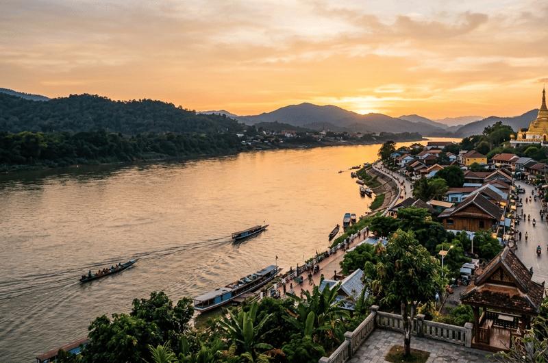 Luang Prabang and the Mekong River at golden hour in Laos
