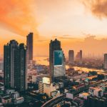 Bangkok and the Chao Phraya River at golden hour in Thailand