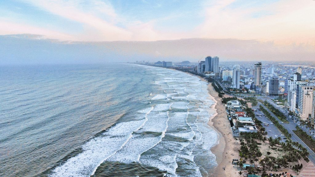 Da Nang coastline with sandy beaches and the sea in Central Vietnam
