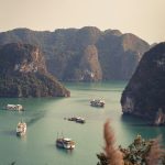Aerial view of Ha Long Bay with limestone islands and emerald waters in Vietnam