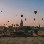 Bagan temples and hot-air balloons at sunrise in Myanmar