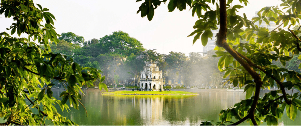 Hoan Kiem Lake and Turtle Tower in the heart of Hanoi, Vietnam